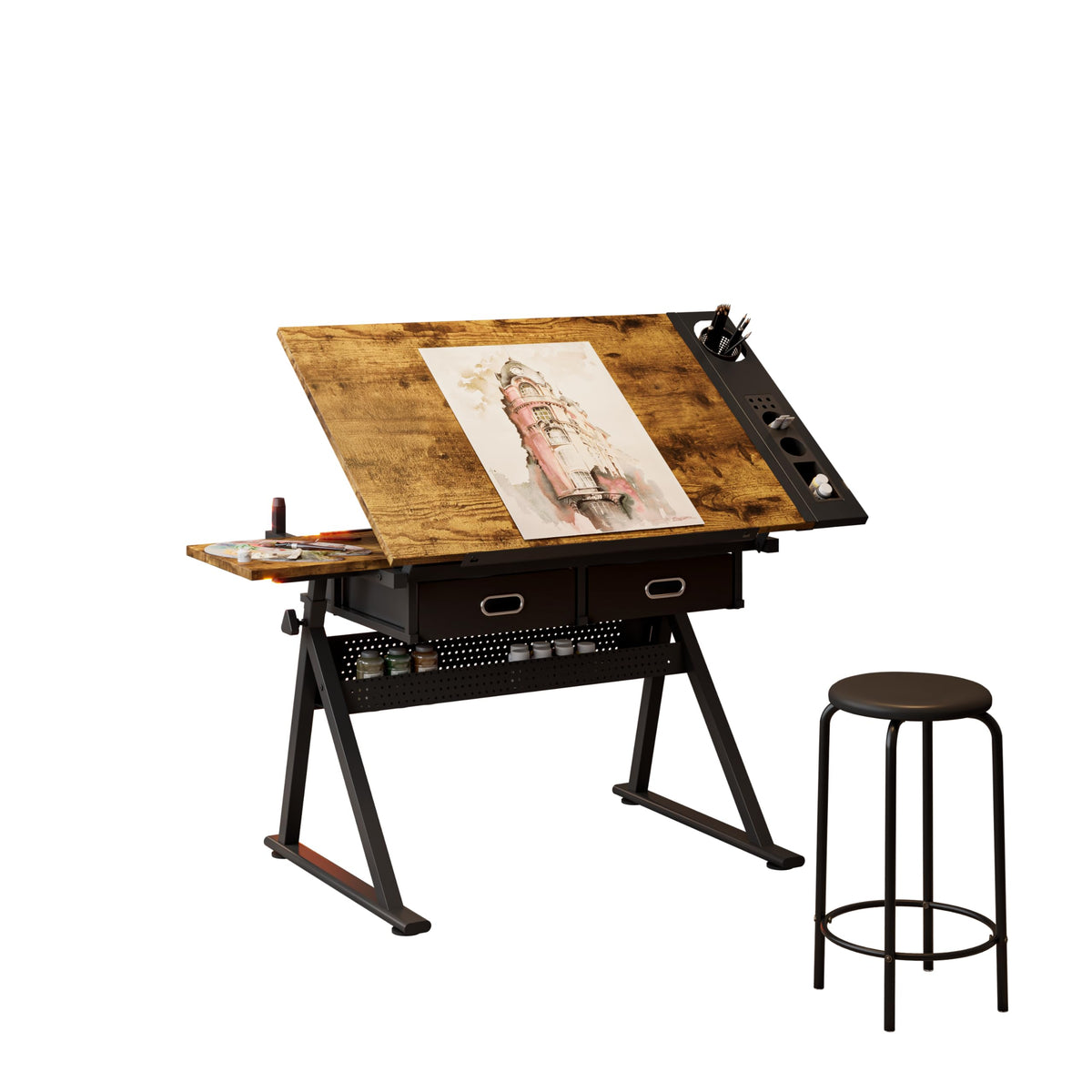 Adjustable Drawing Table with 3 Drawers & Stool, for Art & Work