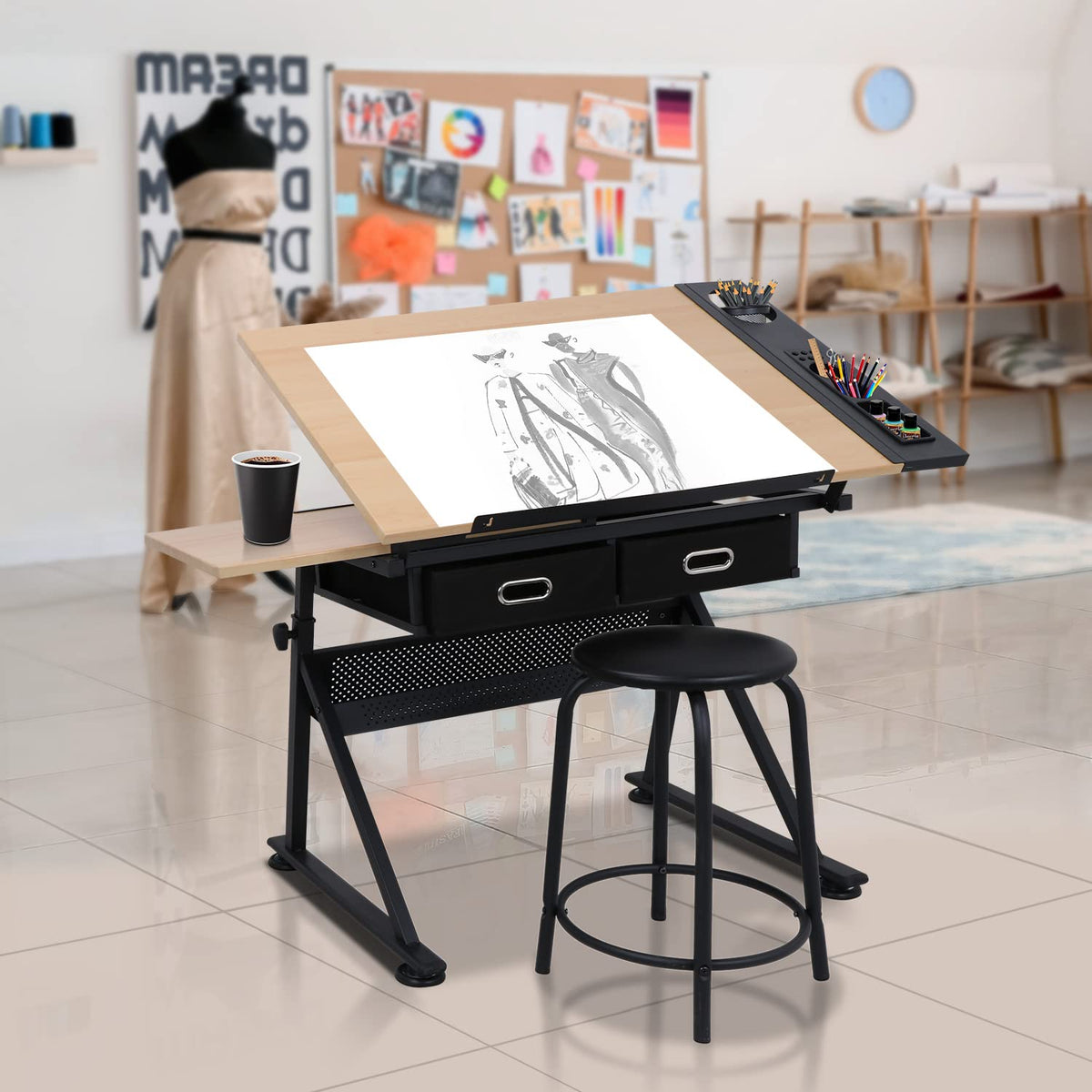 ZENY Adjustable Drafting Table with Stool Tilting Drawing Desk Artist Table