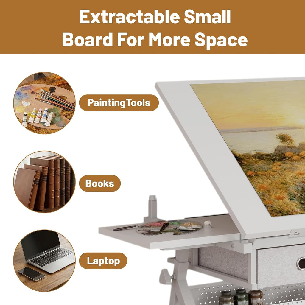 Drafting Table and Stool Set for Adults/Artists, Drawing Table with Adjustable Tabletop and Height, Art Workstation for Painters Crafting Reading Writing Home Office, All White