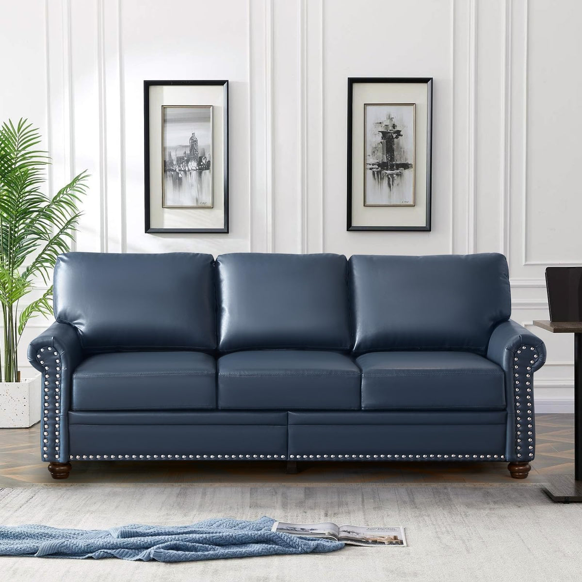 2 Piece Faux Leather Sofa Set,Modern Couch and Loveseat Sets with Storage,Mid Century Couch with Rivet Rolled Arm,Comfy Deep Seat Sofa,Furniture for Living Room,Office(Loveseat+3 Seater,Navy)