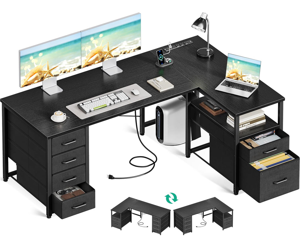 Coleshome 55 Inch L Shaped Office Desk with 6 Drawers, Power Outlet, White