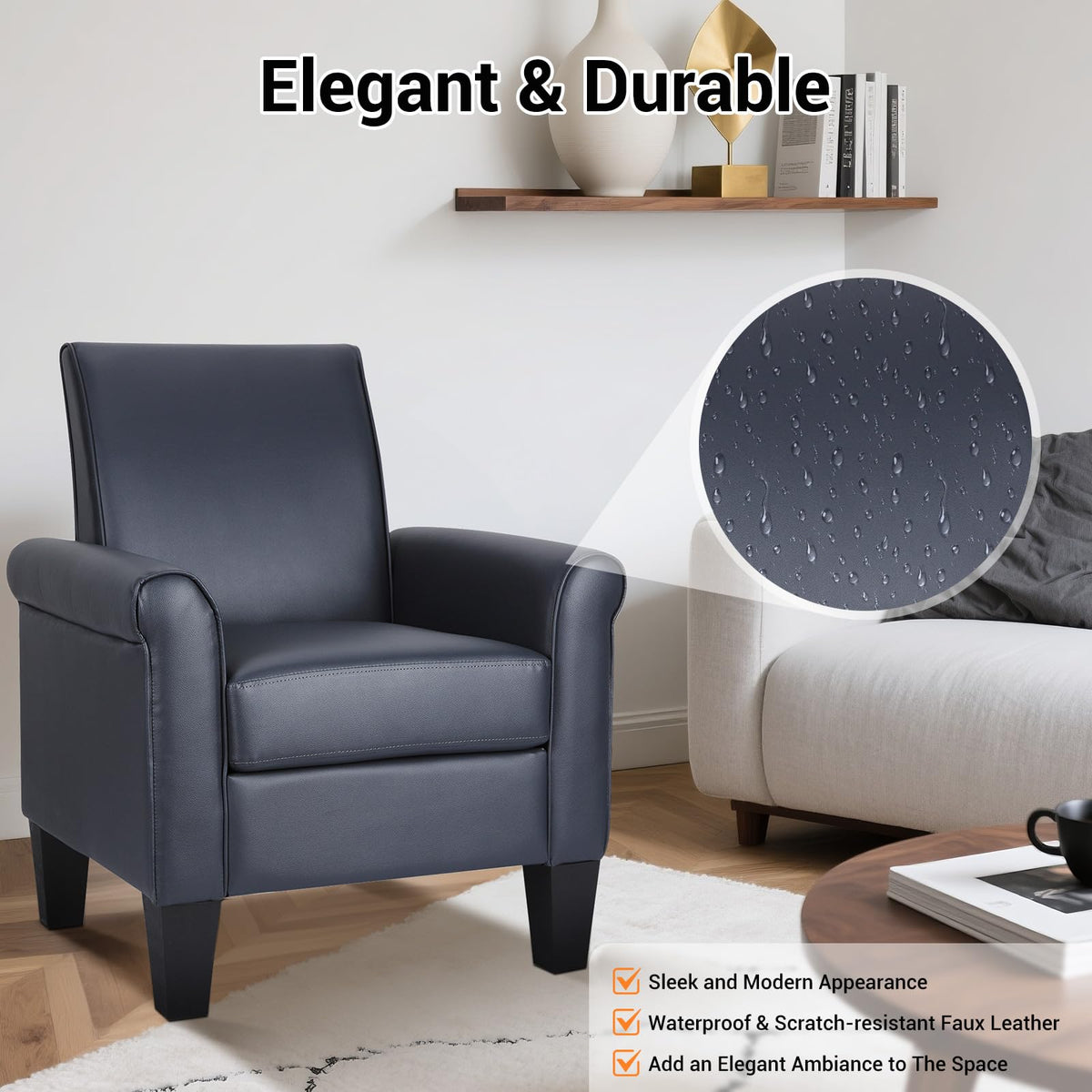 Faux Leather Accent Chair Set of 2, Mid Century Modern Living Room Chair, Upholstered Comfortable PU Leather Armchair for Bedroom, Office or Waiting Areas-Black