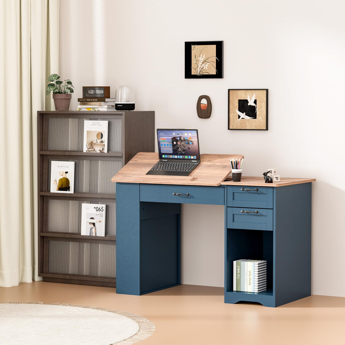Drafting Table with Storage Cabinet & Drawers, Adjustable Drawing Desk with Open Shelves, Craft Table Painting Desk for Artists, Painters, Drawing, Crafting, Reading, Writing, Working