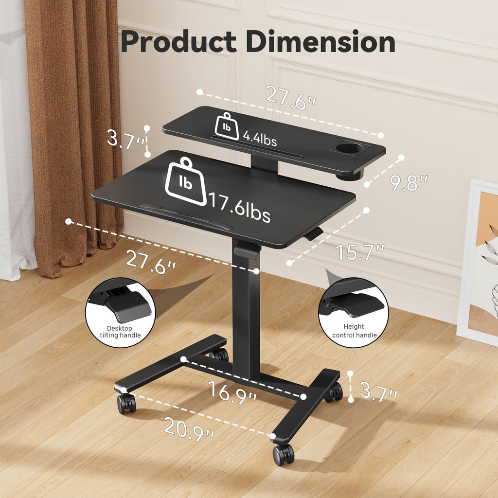 28" Mobile Standing Desk, Tiltable Top with 2-Tier Shelves, White
