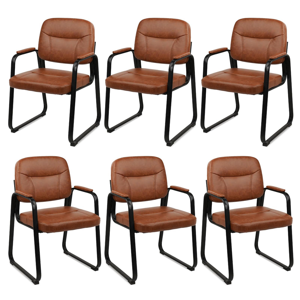 CLATINA Waiting Room Guest Chair with Bonded Leather Padded Arm Rest for Office Reception and Conference Desk Black with Sled Base Brown 1 Pack