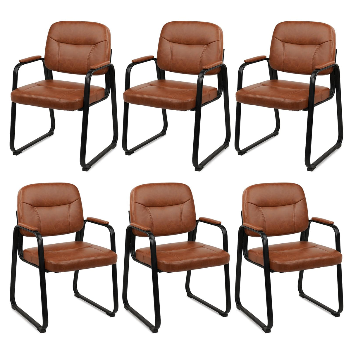 CLATINA Waiting Room Guest Chair with Bonded Leather Padded Arm Rest for Office Reception and Conference Desk Black with Sled Base Brown 1 Pack