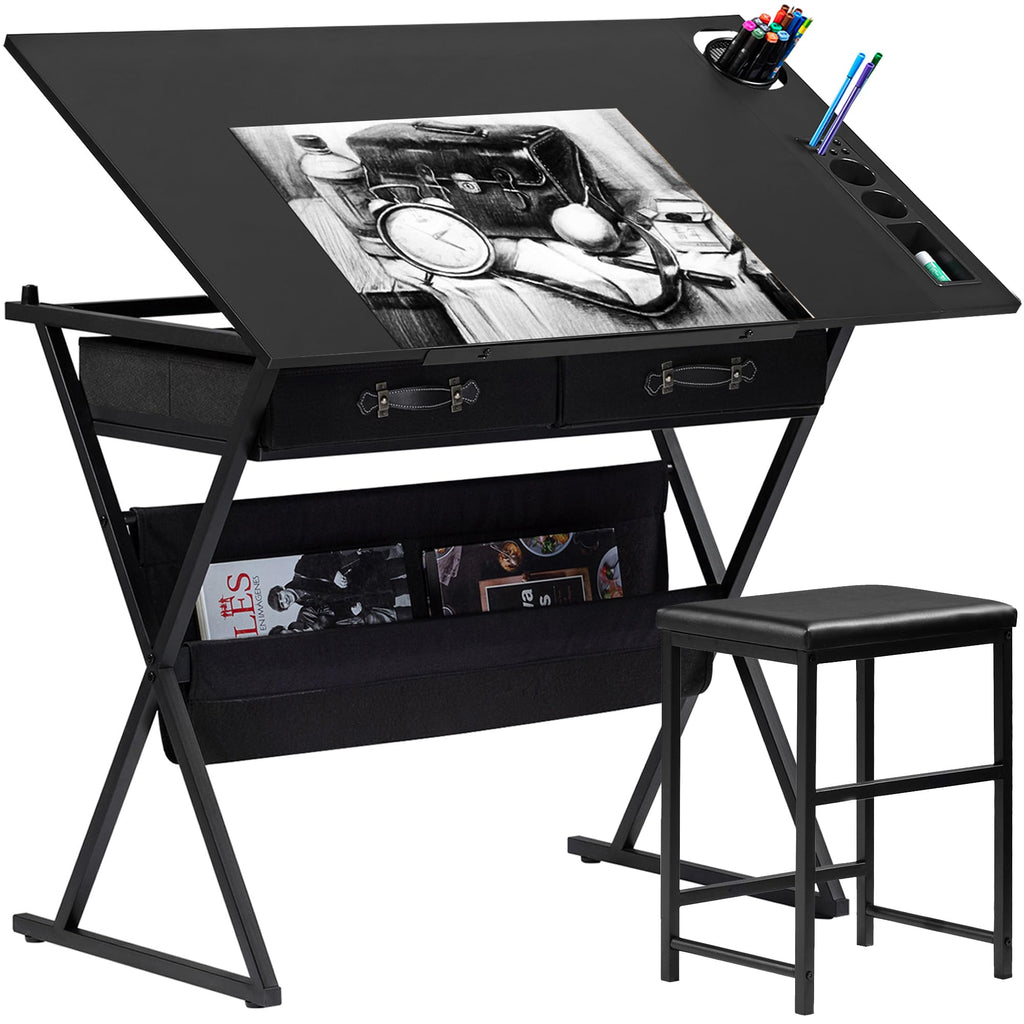 VECELO Drafting Table Art Desk Art Table Adjustable Drawing Table Tilted Tabletop with 2 Storage Drawers and Stool, Drawing Desk for Artist Painters Drawing, Crafting, Reading, Writing, White