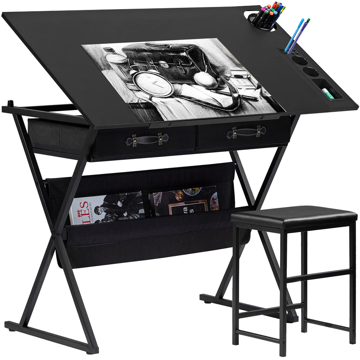 VECELO Drafting Table Art Desk Art Table Adjustable Drawing Table Tilted Tabletop with 2 Storage Drawers and Stool, Drawing Desk for Artist Painters Drawing, Crafting, Reading, Writing, White