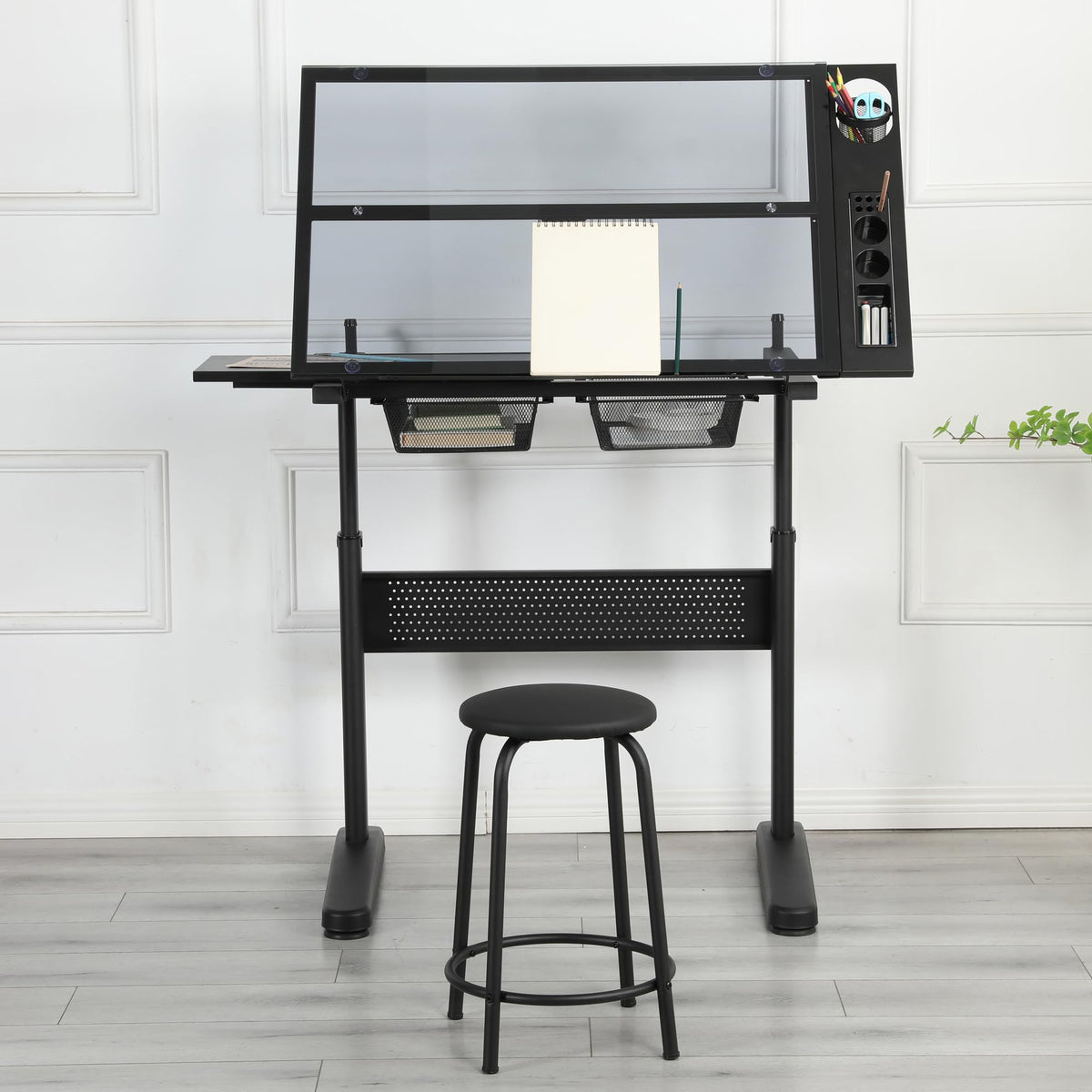 Adjustable Drafting Table with Stool, 0-75Â° Tilting Art Desk, White