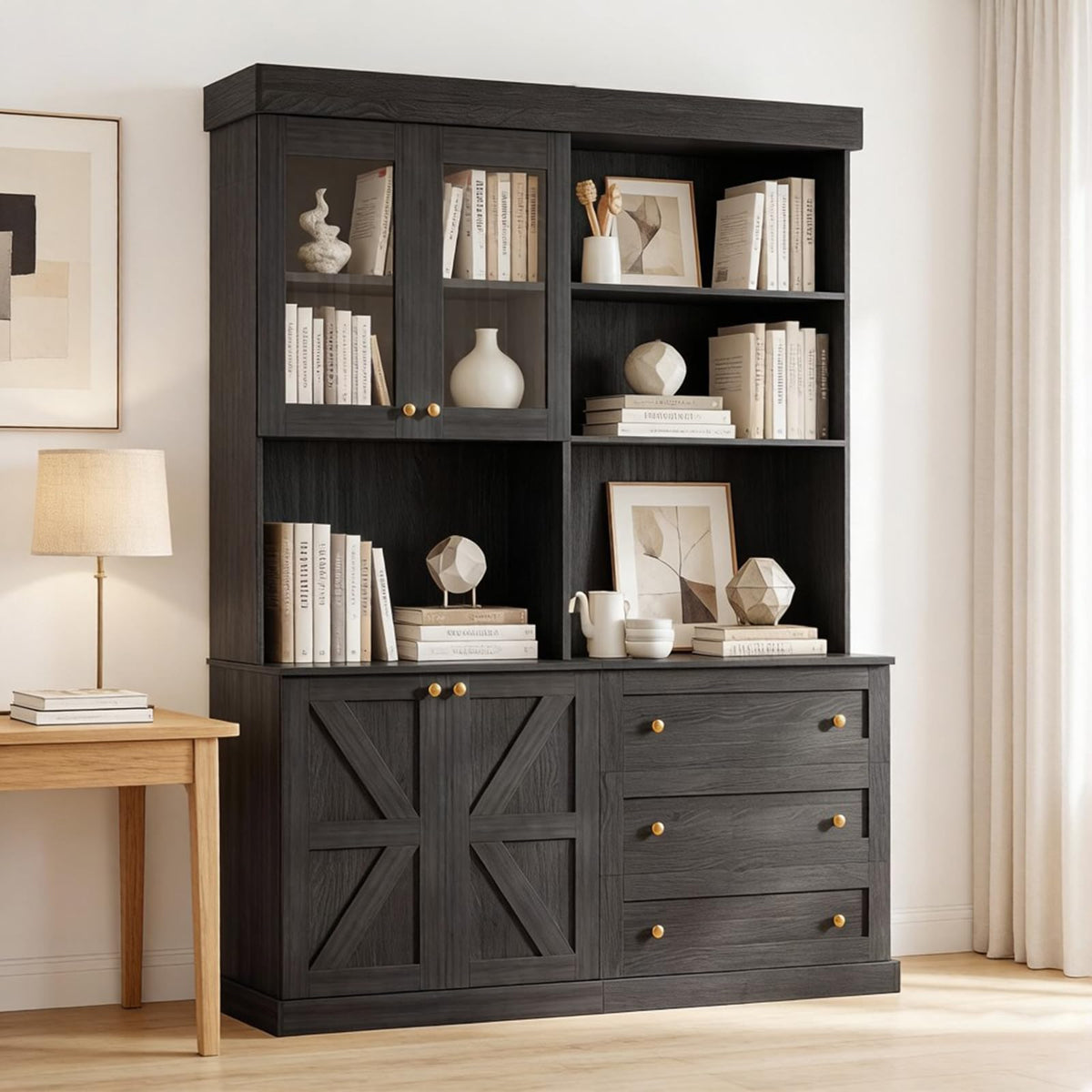Vyre 71" Black Modular Farmhouse Bookcase Set of 3, Expandable Storage Cabinets with Glass Doors or Drawers for Home Office and Study Room