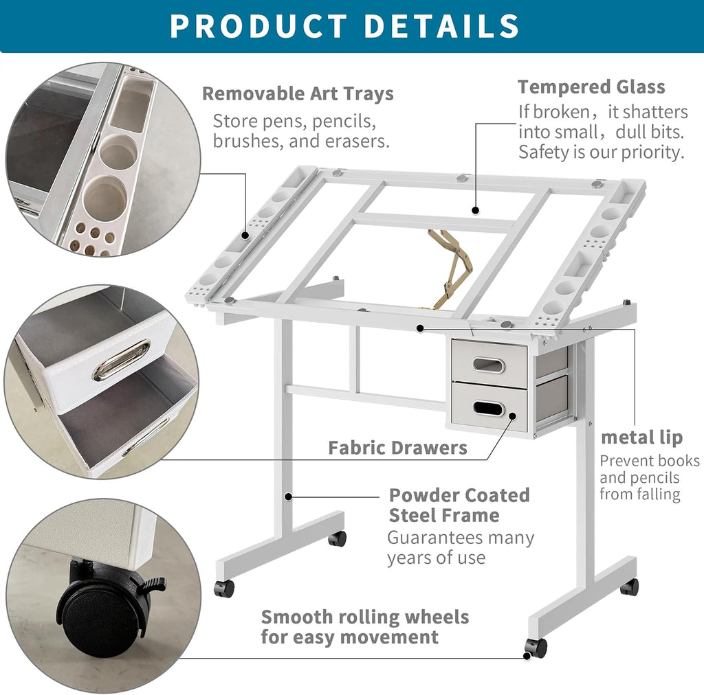 Rolling Drafting Table with Storage and Wheels, Tempered Glass Table Top