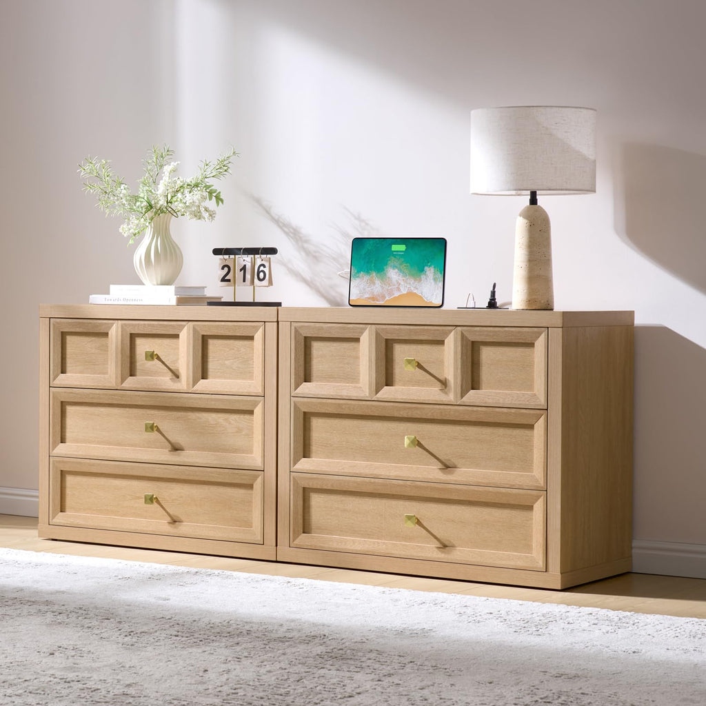 3 Drawers Nightstand Set of 2 W/Charging Station, 30.7" W King Size Bedside Table with 3 Drawers, Accent End Table W/Large Storage, Modern Wood Side Table for Bedroom,Office (2 Pieces, Gray Black)
