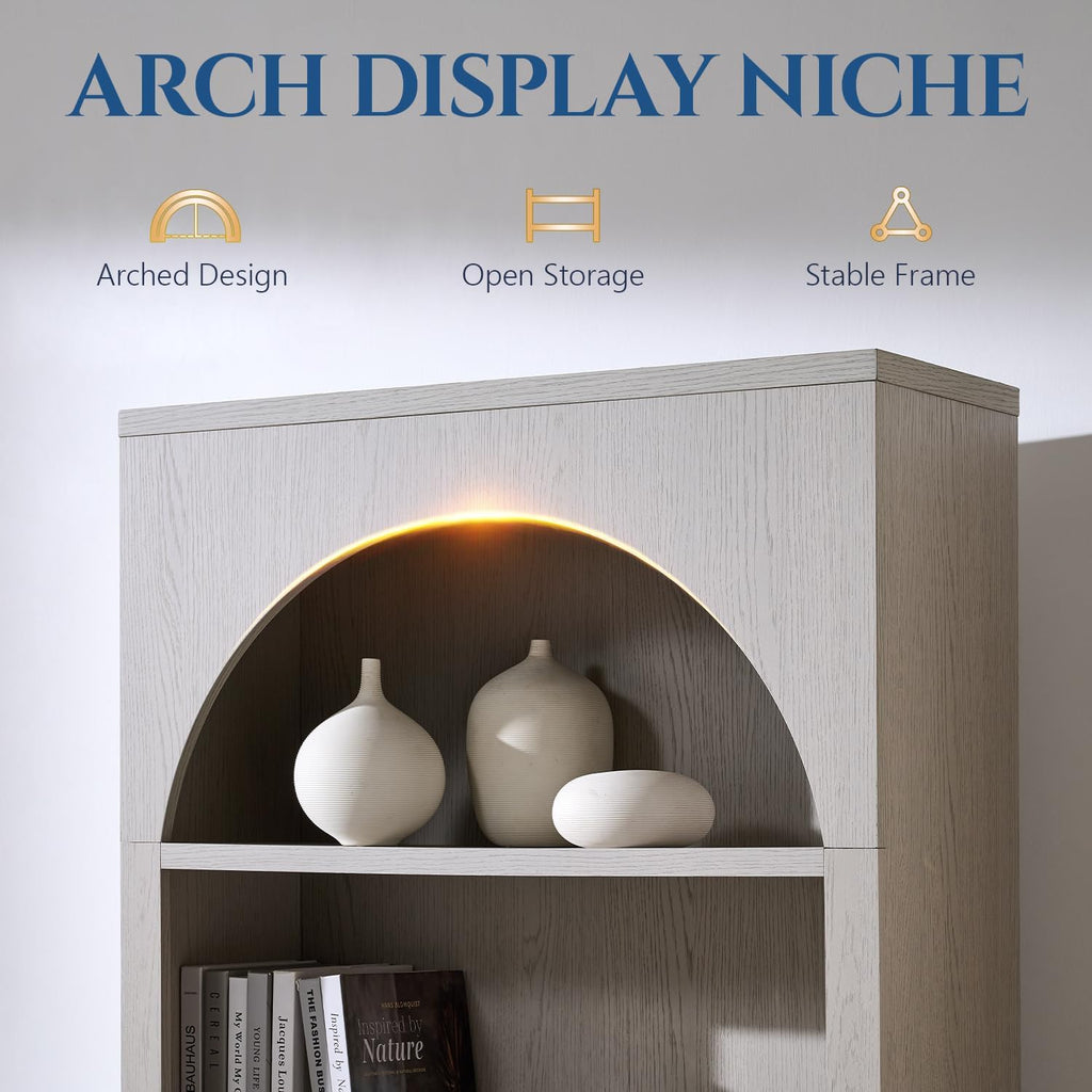 77.6" Tall Arched Bookshelf, Wood Bookcase w/Fluted Arched Door, Light Grey