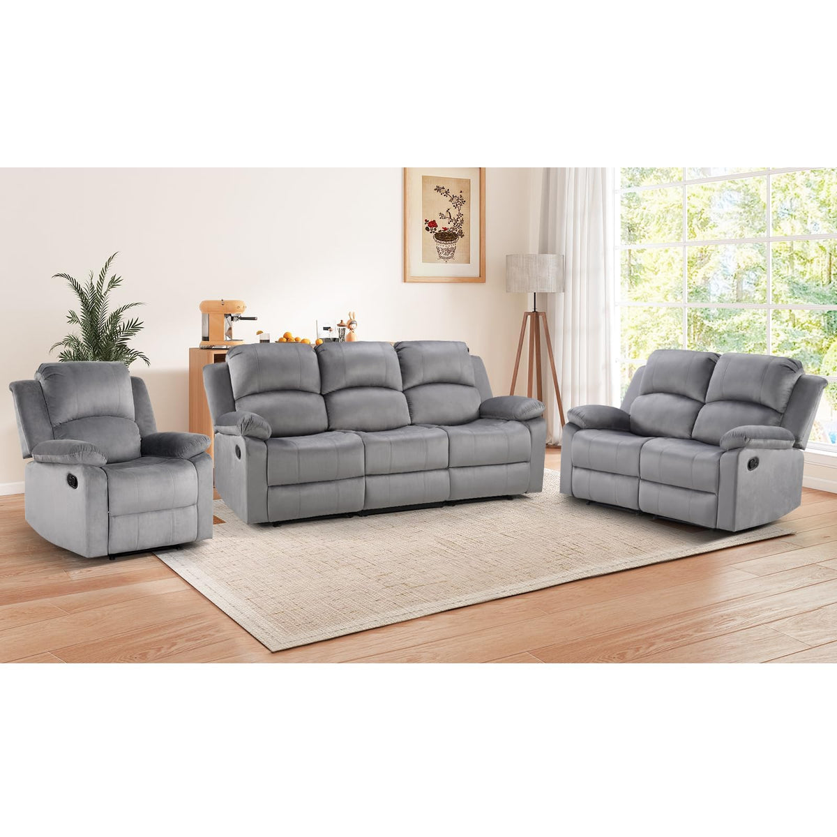EBELLO Manual Faux Leather Reclining Couch Set for Living Room, Include 1 Recliner Chair, 1 Loveseat Sofa, Recliner Sofa Furniture Set for Home and Office, Black