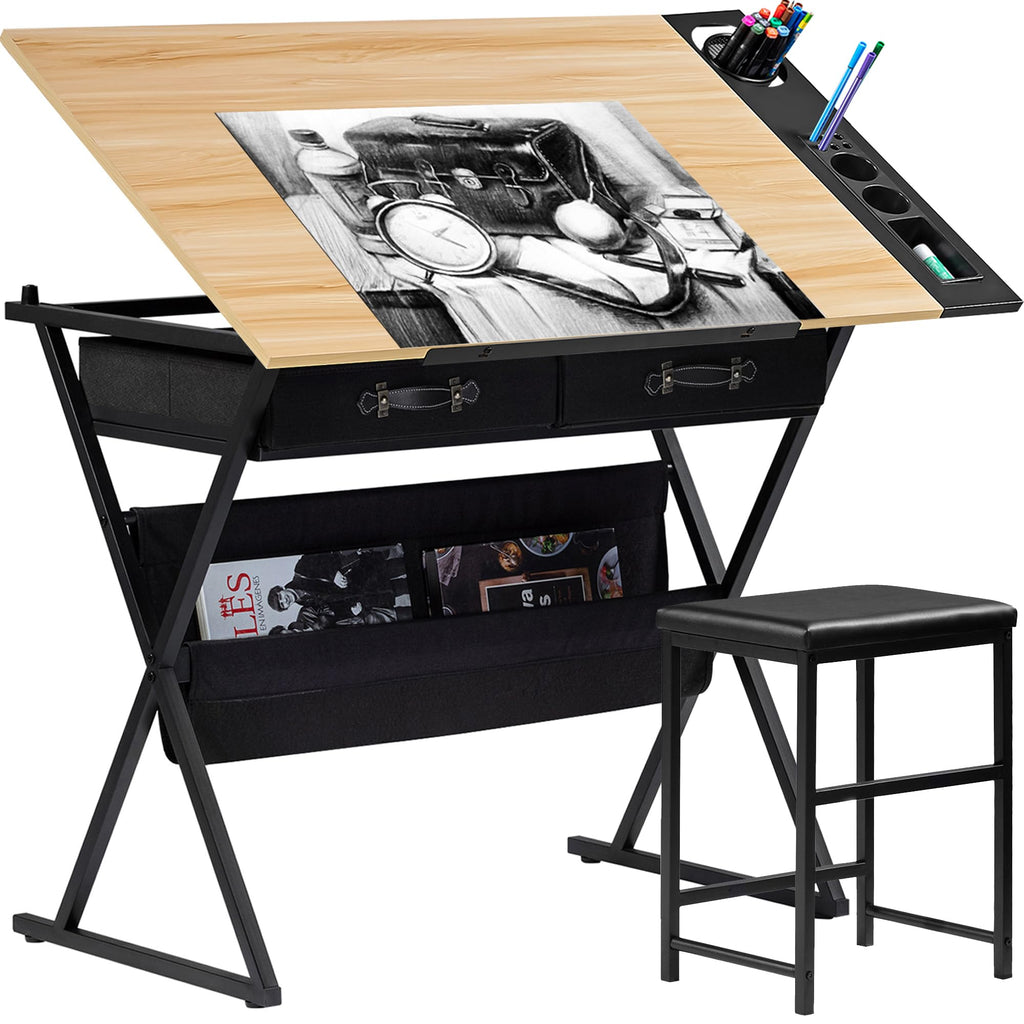 VECELO Drafting Table Art Desk Art Table Adjustable Drawing Table Tilted Tabletop with 2 Storage Drawers and Stool, Drawing Desk for Artist Painters Drawing, Crafting, Reading, Writing, White
