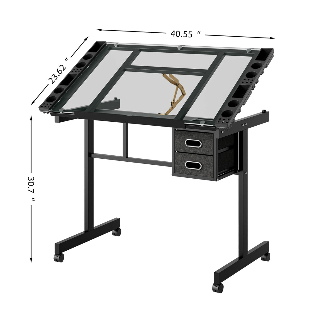 Drafting Table with Storage, Art Desk for Drawing Crafting, Adjustable Glass Top 0-70Â°, 2 Drawers & Wheels, Multifunctional Art Table for Home Office (White)