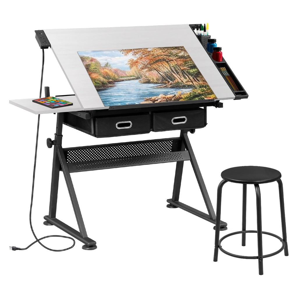 SUPER DEAL Drafting Table Set with Charging Station, Height Adjustable Tilting Drawing Desk Artist Desk with Stool Multifunctional Art Craft Workstation with 2 Storage Drawers for Home Office School