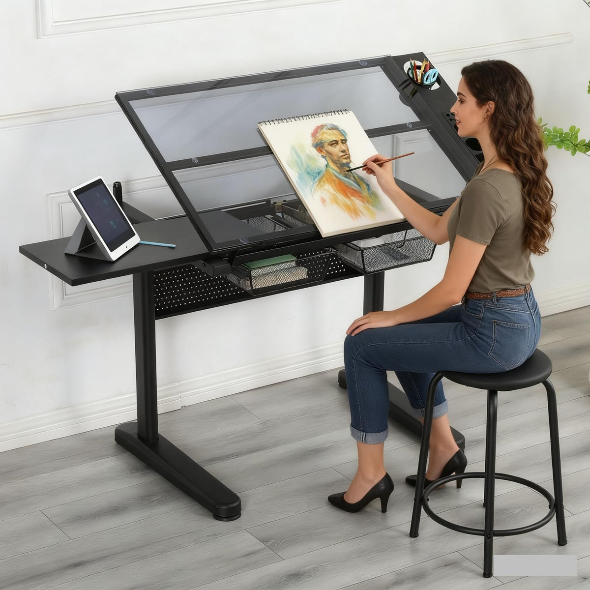 Drafting Table for Artists, Glass Drawing Table with Stool,T1-Black
