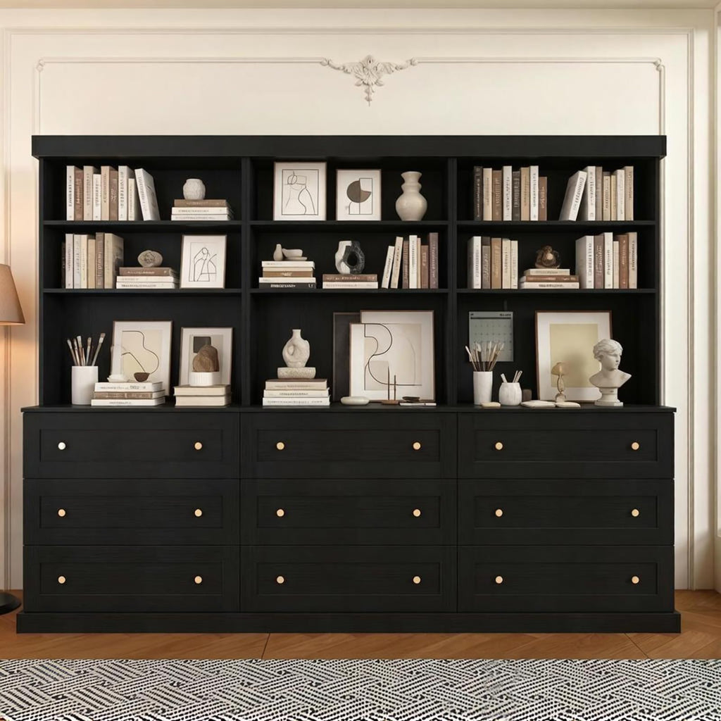 Vyre 71" Black Modular Farmhouse Bookcase Set of 3, Expandable Storage Cabinets with Glass Doors or Drawers for Home Office and Study Room