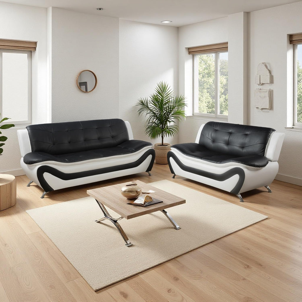 Leather Sectional Sofa Couches, Living Room Sofa and Loveseat Set, Faux Leather Couch and Loveseat Set for Office/Bedroom/Apartment, Cream