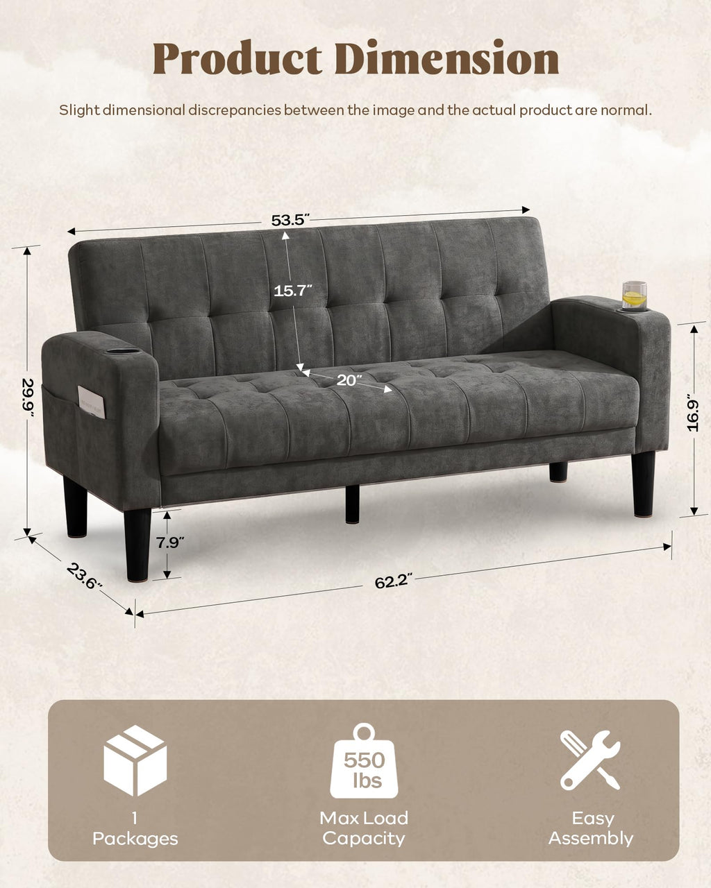 2 Piece Dark Grey Fabric Linen Mid Century Modern Living Room Sofa Set
