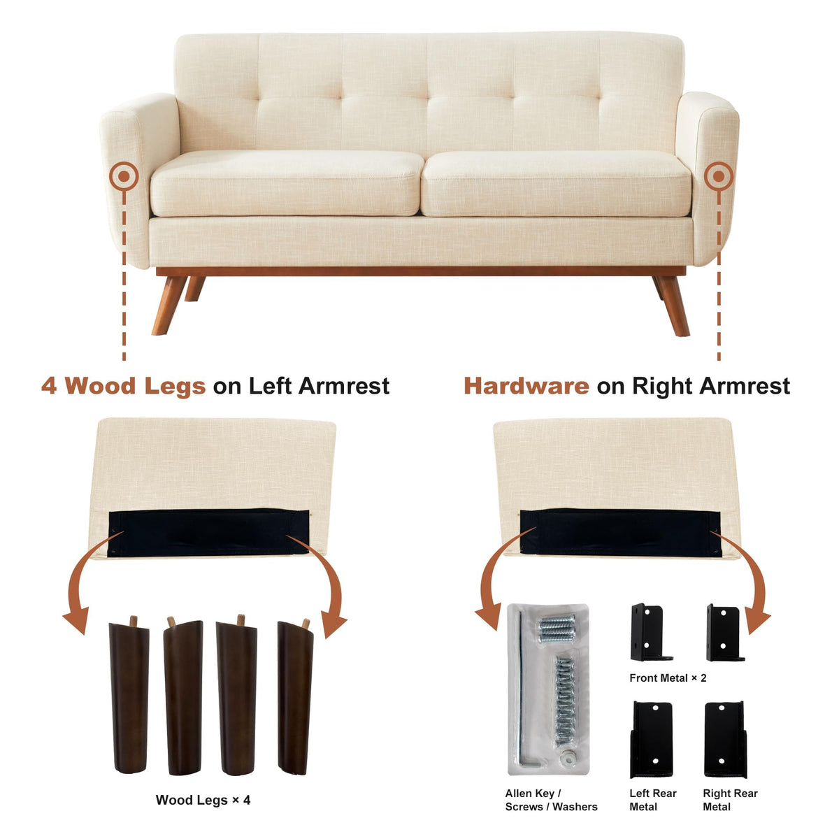 Kingfun 2 Piece Loveseat and Sofa Sets, Mid Century Modern Love Seat Couches for Living Room, Button Tufted Upholstered Furniture, Small Couch for Bedroom, Office, Beige
