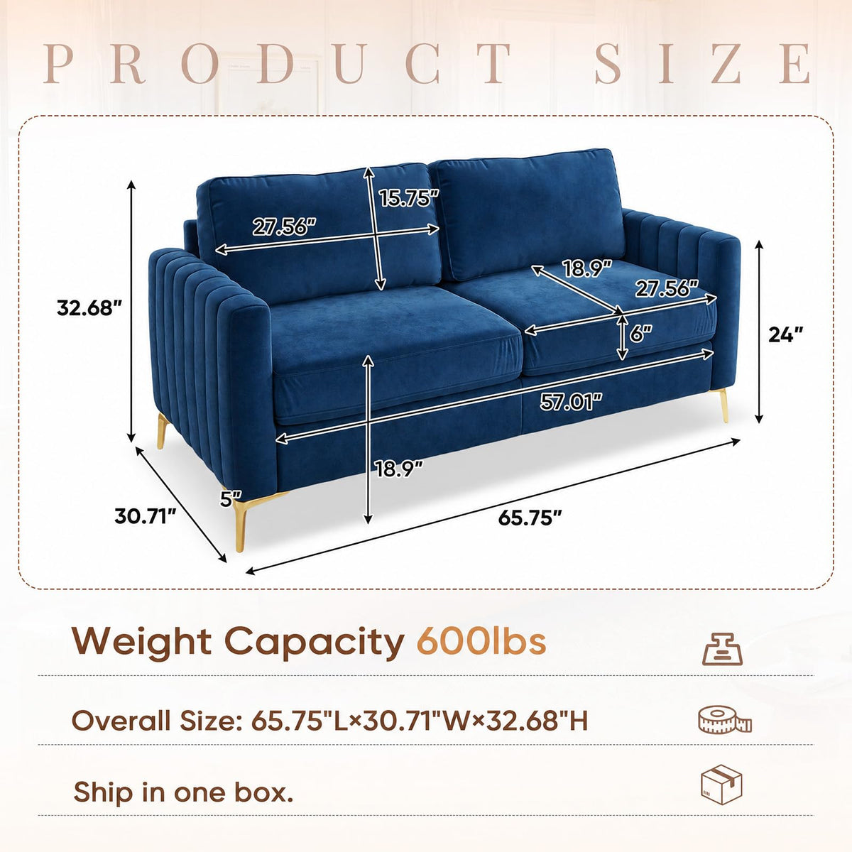 2 Piece Sofa and Loveseat Set, Comfy Tufted Velvet Couch and Loveseat Sets Furniture with Gold Leg, Mid Century Modern Couch Soft Upholstered Sofa Set of 2 for Living Room Bedroom Office (Navy Blue)