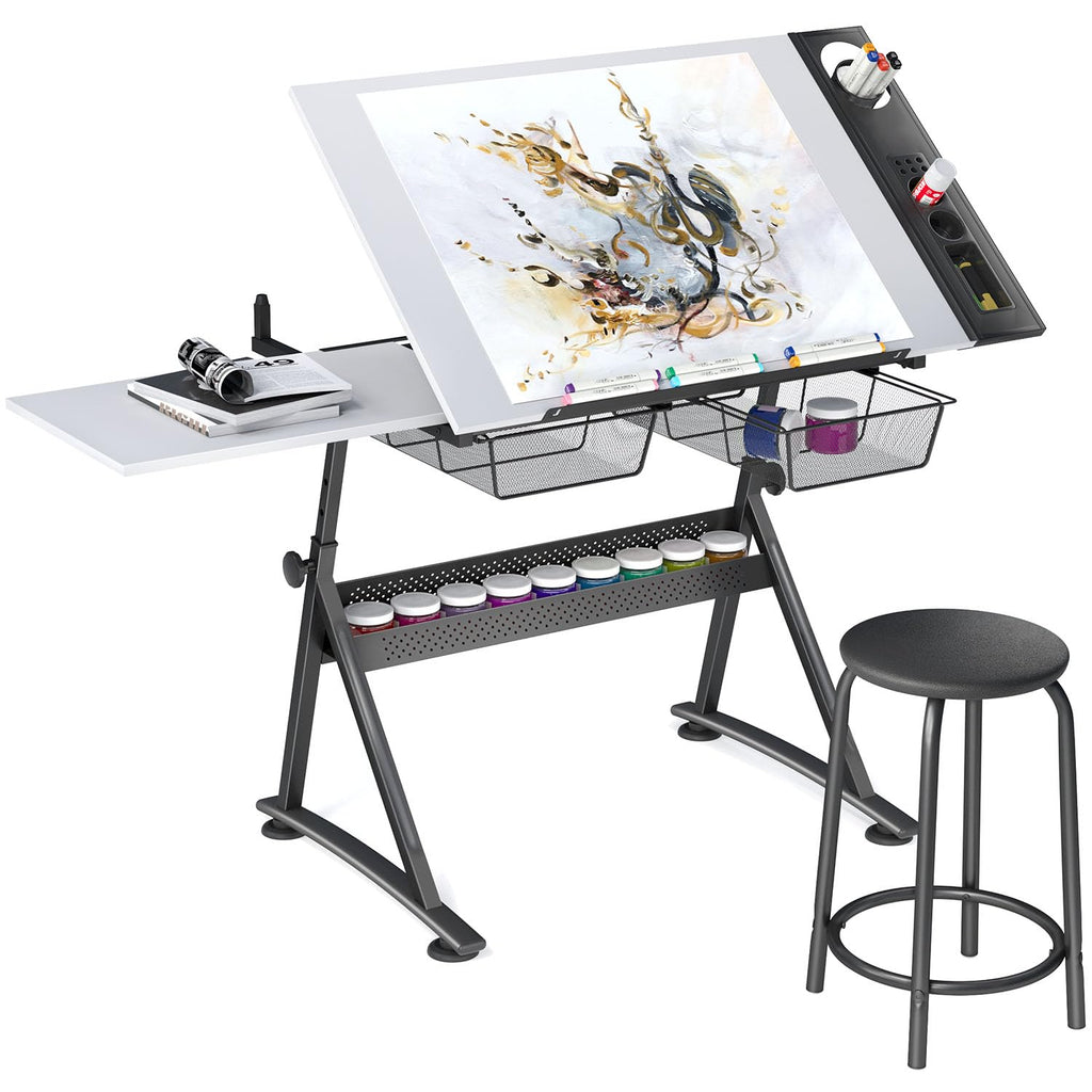 OS MOTOR Adjustable Height Drafting Table with Wood Top, Art Craft Desk with Slide-Out Drawers, Storage, for Drawing, Writing, Painting, and Creative Tasks, Ideal for Home Office, Natural