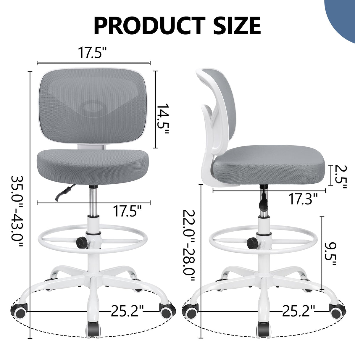 Primy Tall Drafting Desk Chair - Armless, Adjustable Height, Mesh Back, Rolling, Standing Desk Chair for Art Room, Office or Home (Black)