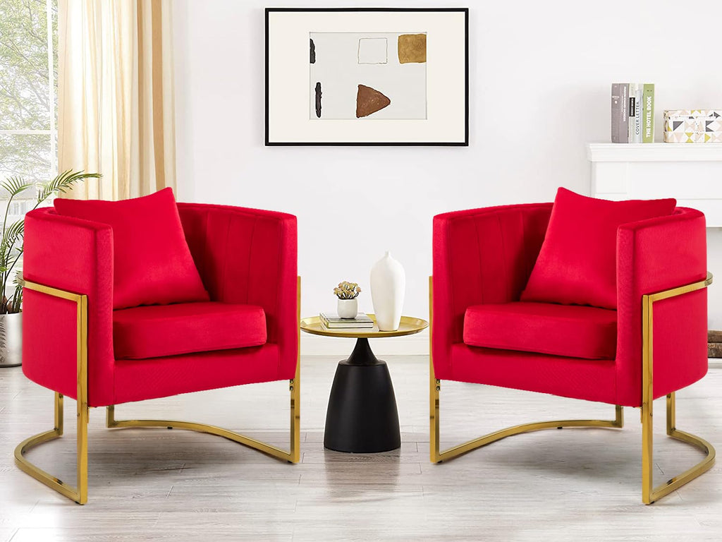 Velvet Accent Barrel Chairs Set of 2, Modern Arm Club Chair Set with Pillow for Living Room/Bedroom/Guest Reception, Channel Tufted, Gold Finish Base, Orange