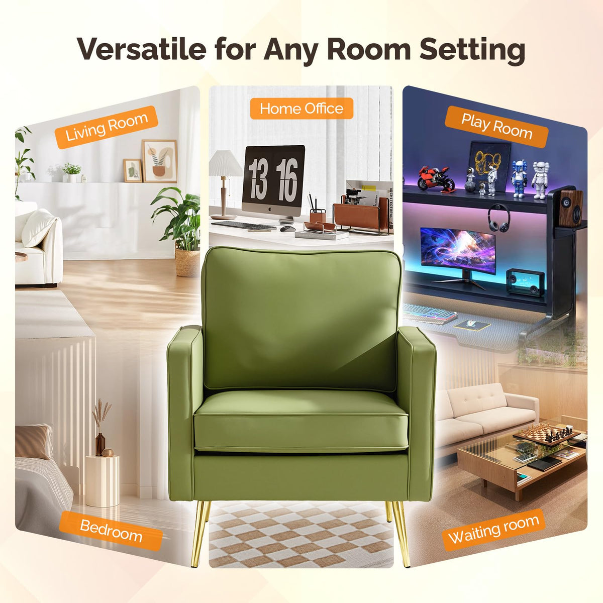 VINGLI Faux Leather Accent Chairs Set of 2 with Gold Legs for Living Room