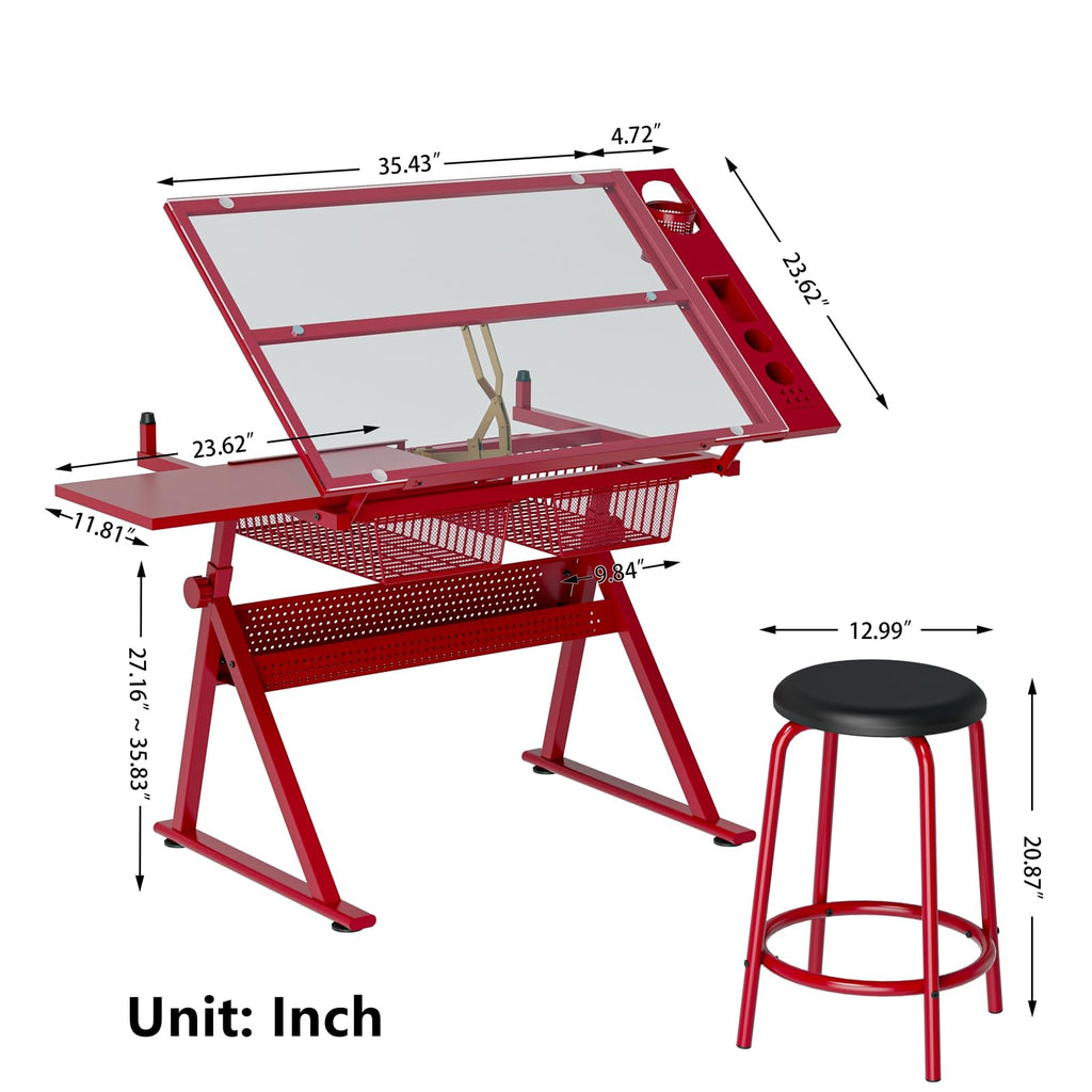 Drafting Table for Artists, Glass Drawing Table with Stool,T1-Black