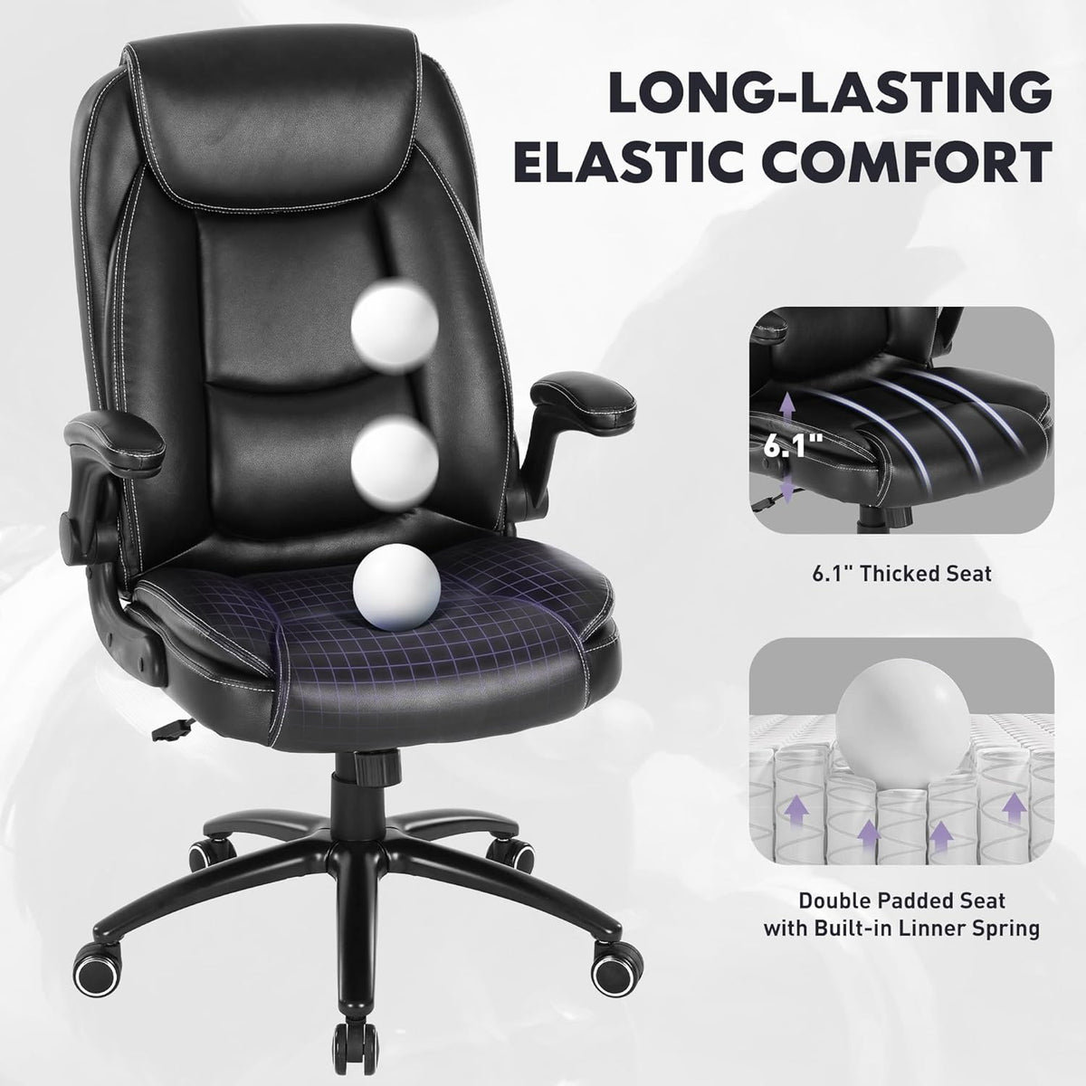 300lbs Capacity Executive Desk Chair with Ergonomic Lumbar Support, Flip-up Arms & High Back Leather Computer Chair for Home/Office, Black