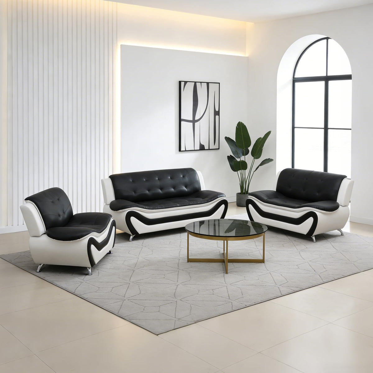 Modern Leather Sofa Set, Living Room Furniture, 3 - Piece Couch Set, Faux Leather Couch Loveseat Chair Set with Sturdy Legs for Living Room/Bedroom/Office,Black