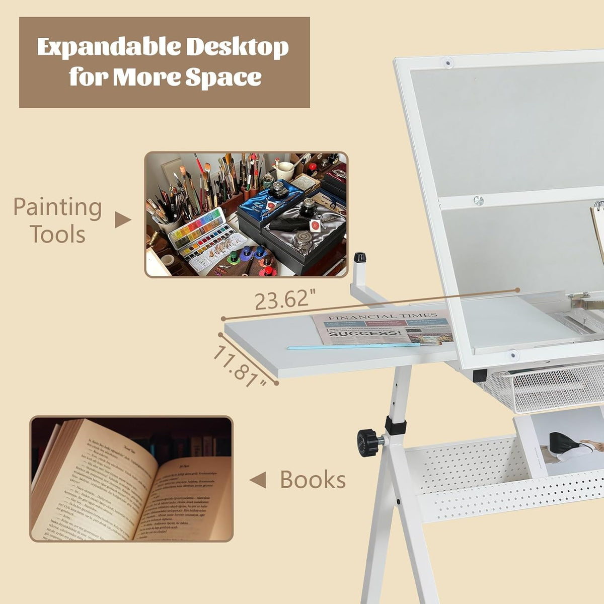 Drafting Table, Adjustable Height Drawing Table Art Table Painting Table Art Craft Desk with 0-75Â° Tilting Glass Tabletop and Storage Drawers, Black