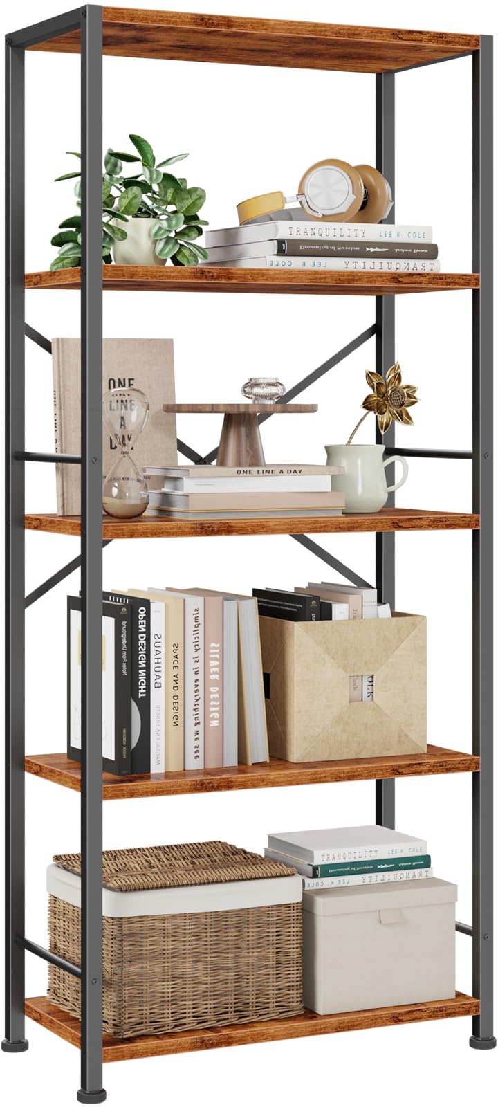 Furologee 5 Tier Book Shelf Set of 2, Tall Wide Bookshelf, Rustic Brown