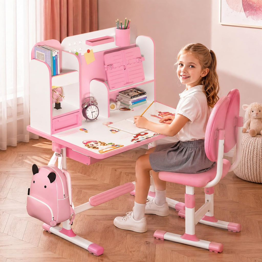 Kids Study Desk and Chair Set for 3-18 Years, Adjustable Height
