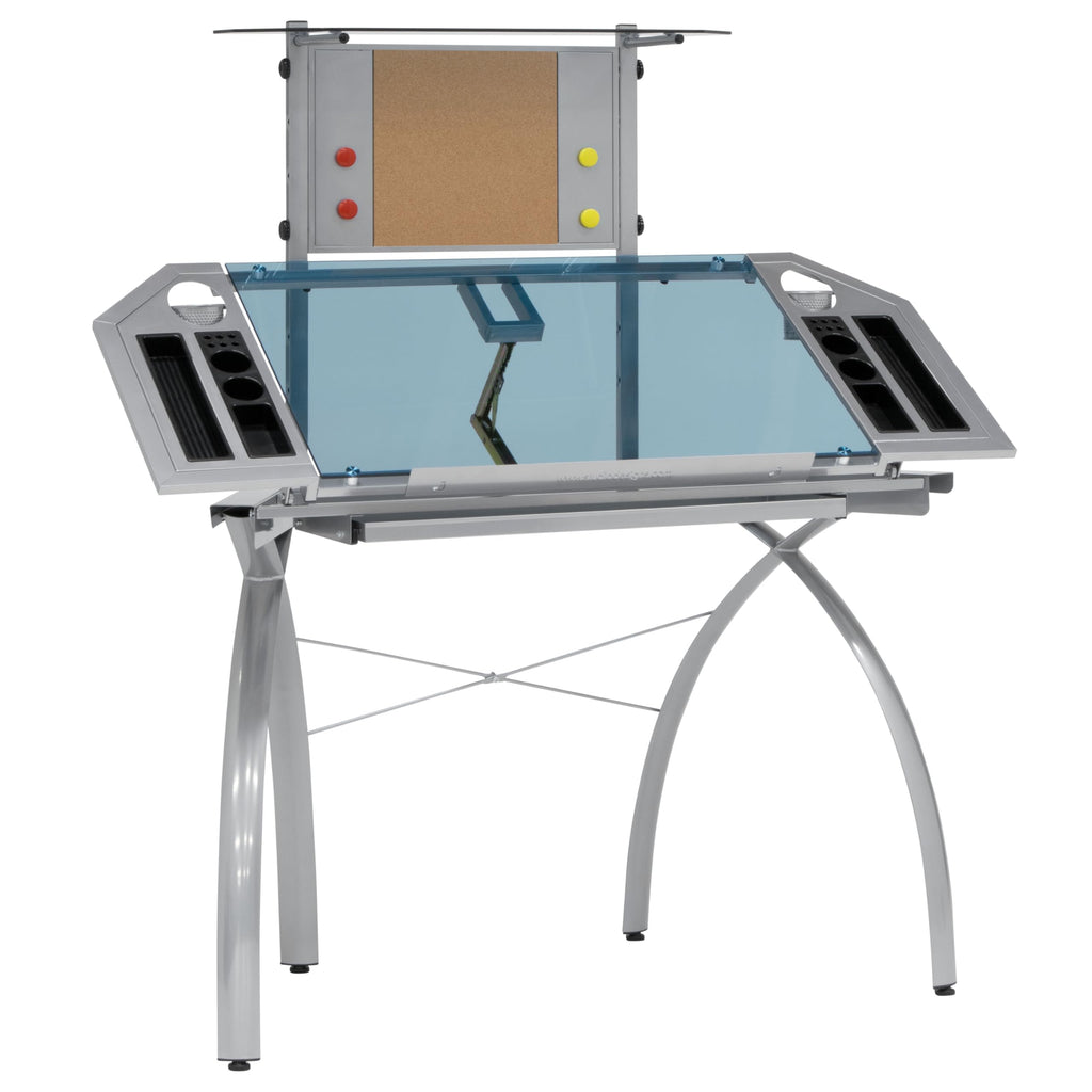 SD STUDIO DESIGNS Futura LS WorkCenter with Tilt Top Adjustable Drafting Table Craft Table Drawing Desk Hobby Table Writing Desk Studio Desk, Silver / Blue Glass