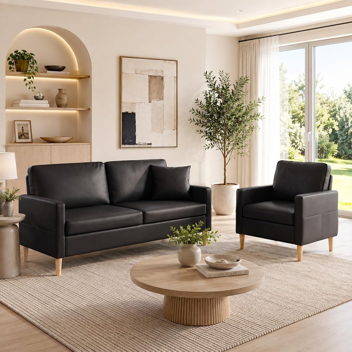 3 Piece Black Faux Leather Modern Small Couch and Chair Set for Office