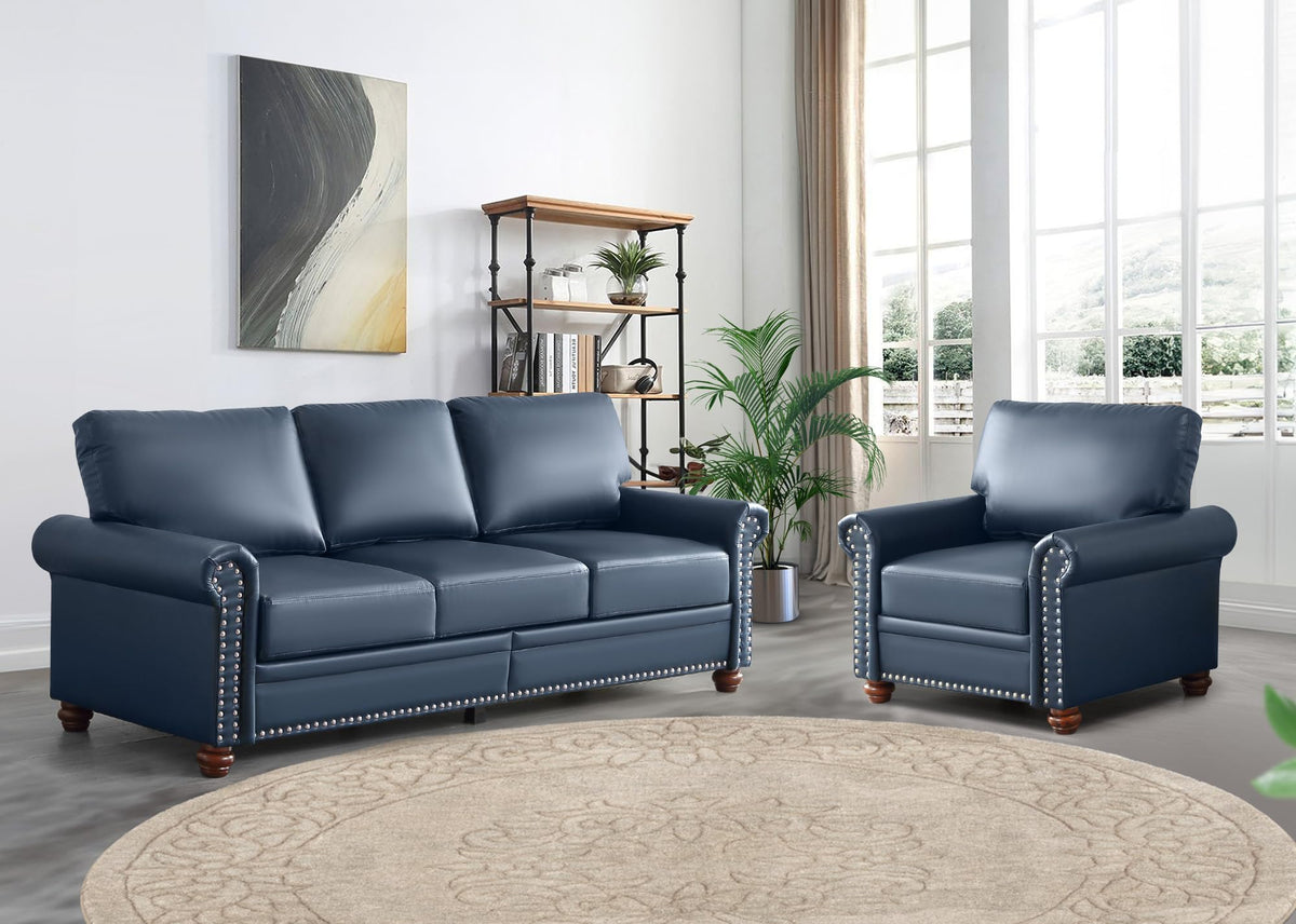2 Piece Faux Leather Sofa Set,Modern Couch and Loveseat Sets with Storage,Mid Century Couch with Rivet Rolled Arm,Comfy Deep Seat Sofa,Furniture for Living Room,Office(Loveseat+3 Seater,Navy)