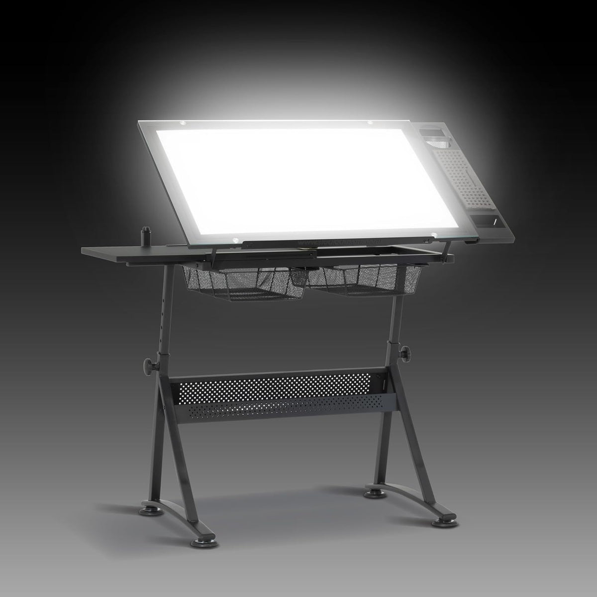 Studio Designs Fusion Drafting Table with Integrated LED Light Pad, Height & Angle Adjustable Tempered Glass Light Table, Artograph Light Pad, Storage Drawers & Side Shelf