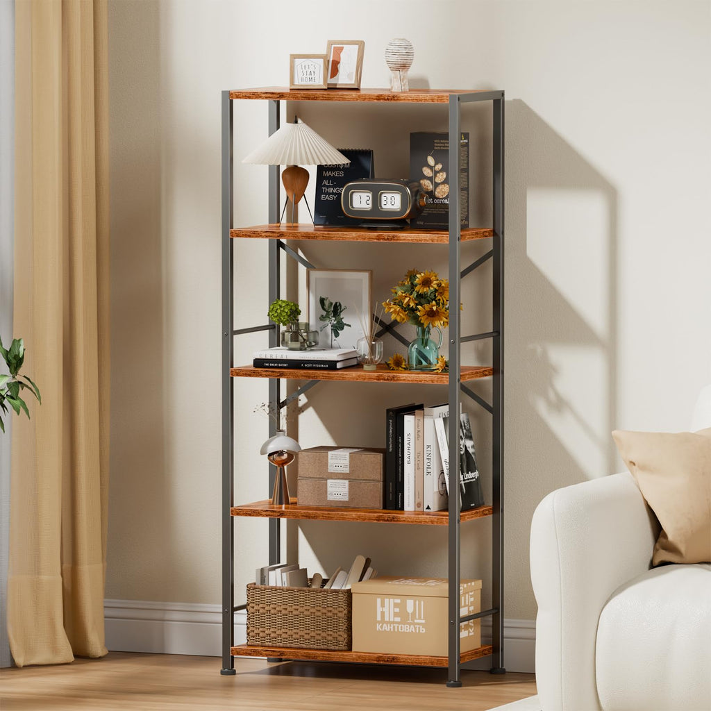 Furologee 5 Tier Book Shelf Set of 2, Tall Wide Bookshelf, Rustic Brown