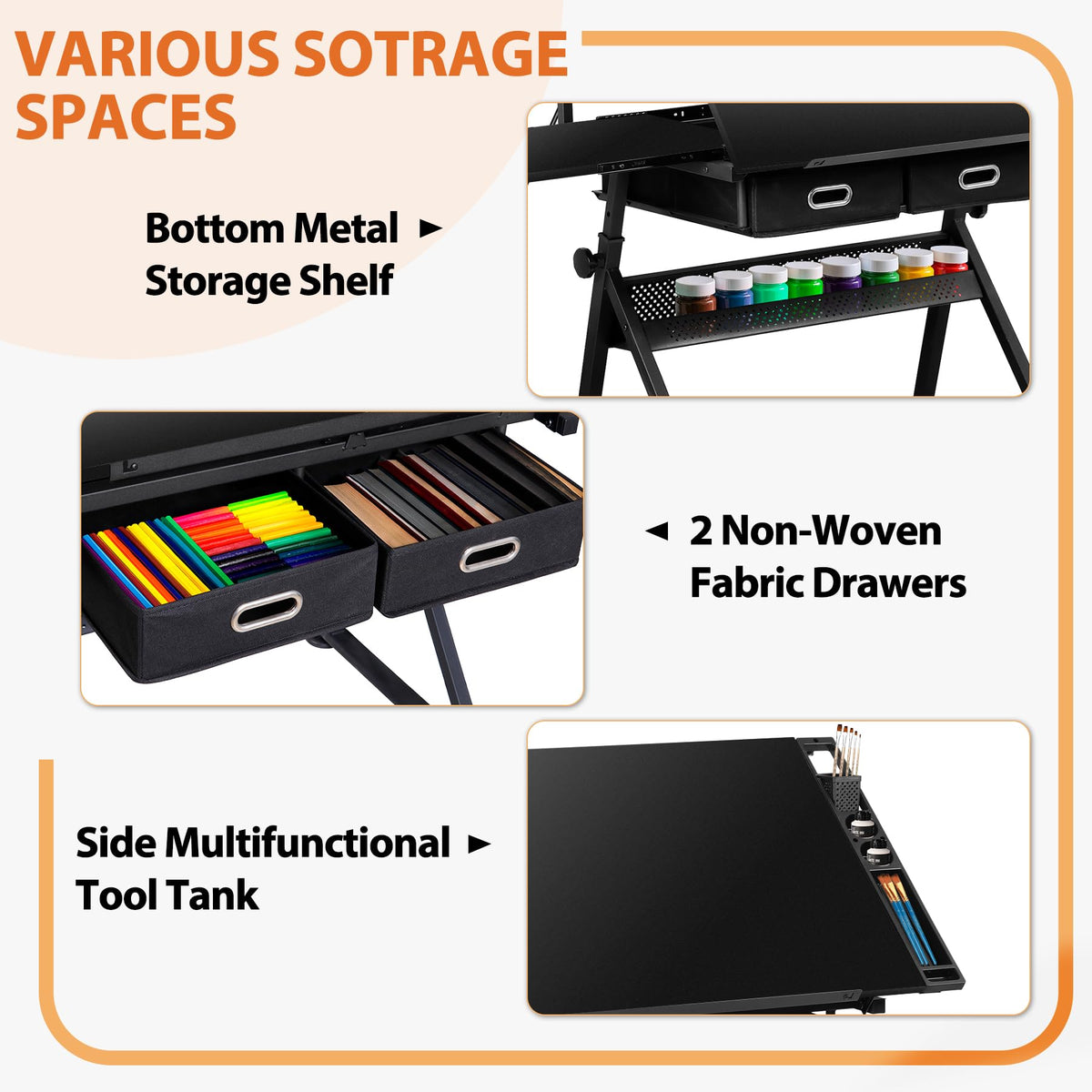 SUPER DEAL Drafting Table Set with Charging Station, Height Adjustable Tilting Drawing Desk Artist Desk with Stool Multifunctional Art Craft Workstation with 2 Storage Drawers for Home Office School