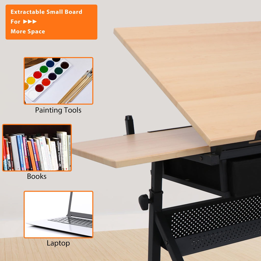 LEMY Drafting Table Art Desk, Height Adjustable Drawing Table Tilting Tabletop Work Station with Stool and Storage Drawer for Home, Office, Writing, Black