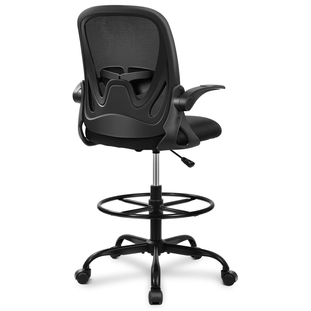 Drafting Chair Tall Office Chair with Flip-up Armrests, Adjustable Height, and Enhanced Lumbar Support - Ergonomic Rolling Stool, Back Support, and Adjustable Foot Rest Ring for Standing Desk White