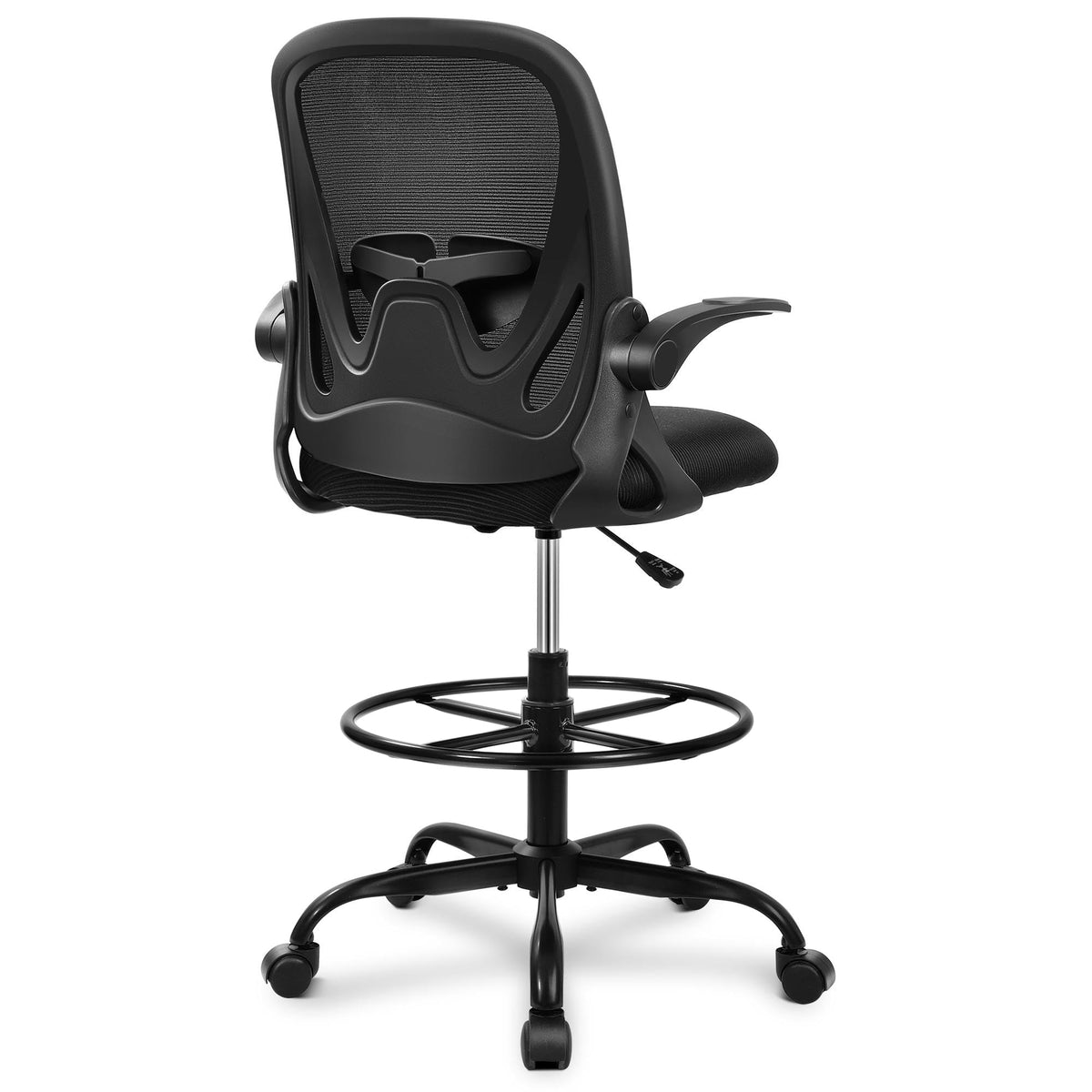 Drafting Chair Tall Office Chair with Flip-up Armrests, Adjustable Height, and Enhanced Lumbar Support - Ergonomic Rolling Stool, Back Support, and Adjustable Foot Rest Ring for Standing Desk White
