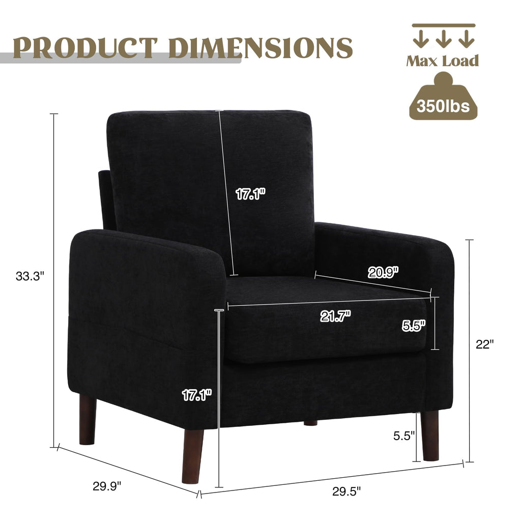 Accent Chair Set of 2, Upholstered Living Room Chairs with Wood Legs and Side Pockets, Modern Reading Chair for Bedroom, Armchair Single Sofa Side Chair for Office, Small Room, Dark Grey
