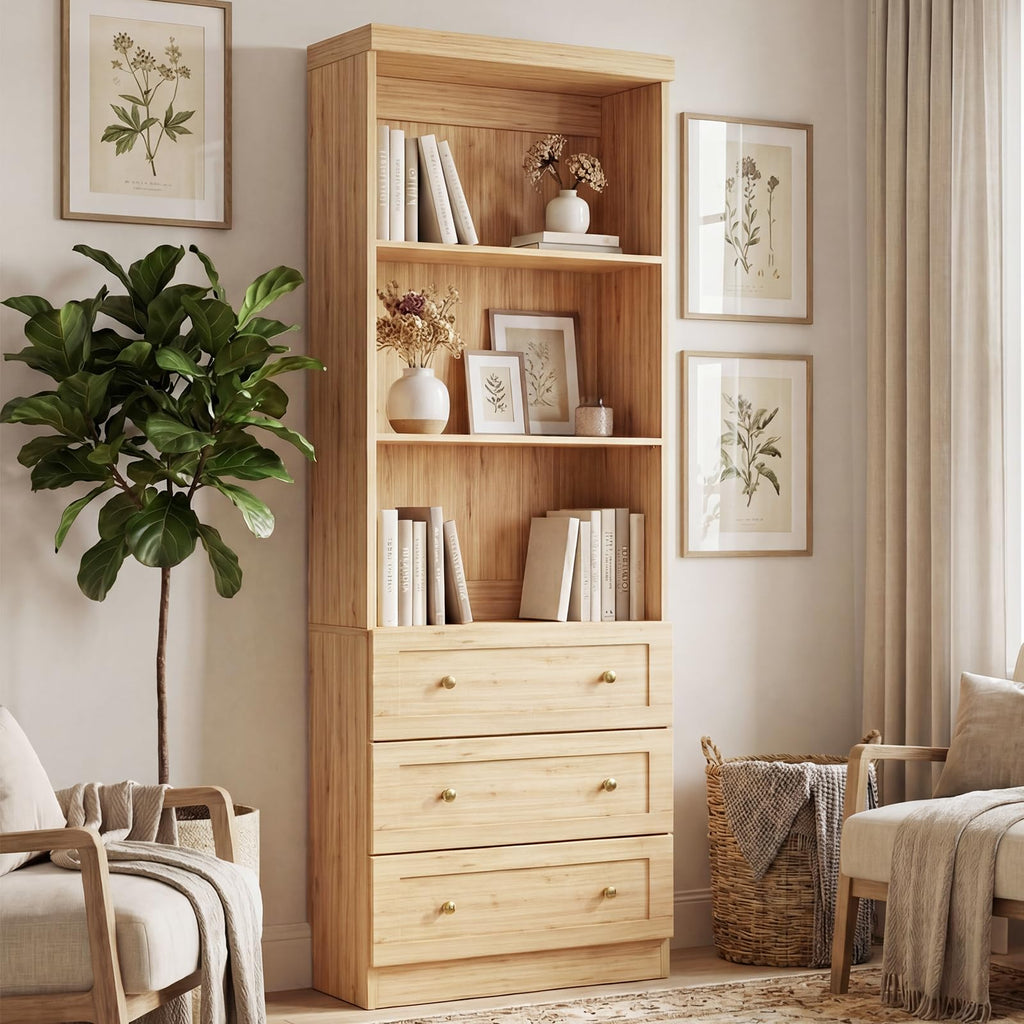 Cyclysio 80" Bookshelf with 3 Drawers and Baseboard Cutout, Set of 2