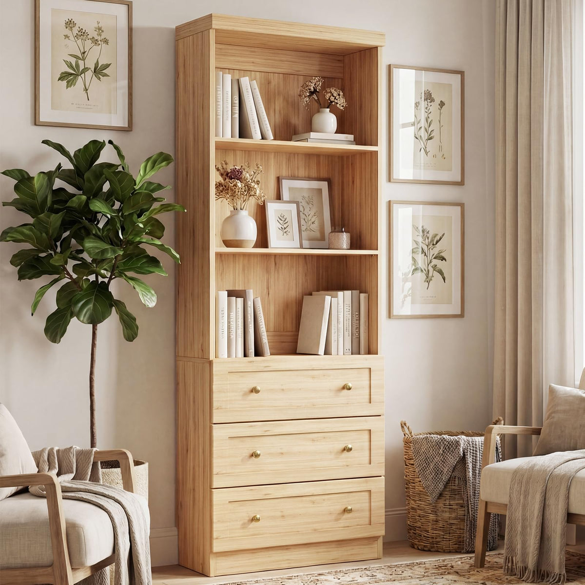 Cyclysio 80" Bookshelf with 3 Drawers and Baseboard Cutout, Set of 2