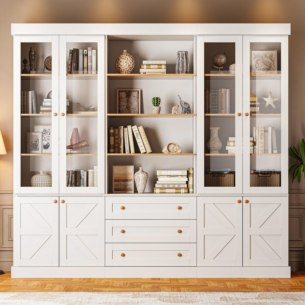 Vyre 71" Tall Farmhouse Bookshelves with Drawers, Set of 3 â Large Modular Bookcase with Adjustable Shelves, Storage Cabinet for Living Room, Kitchen, Home Office, Brown